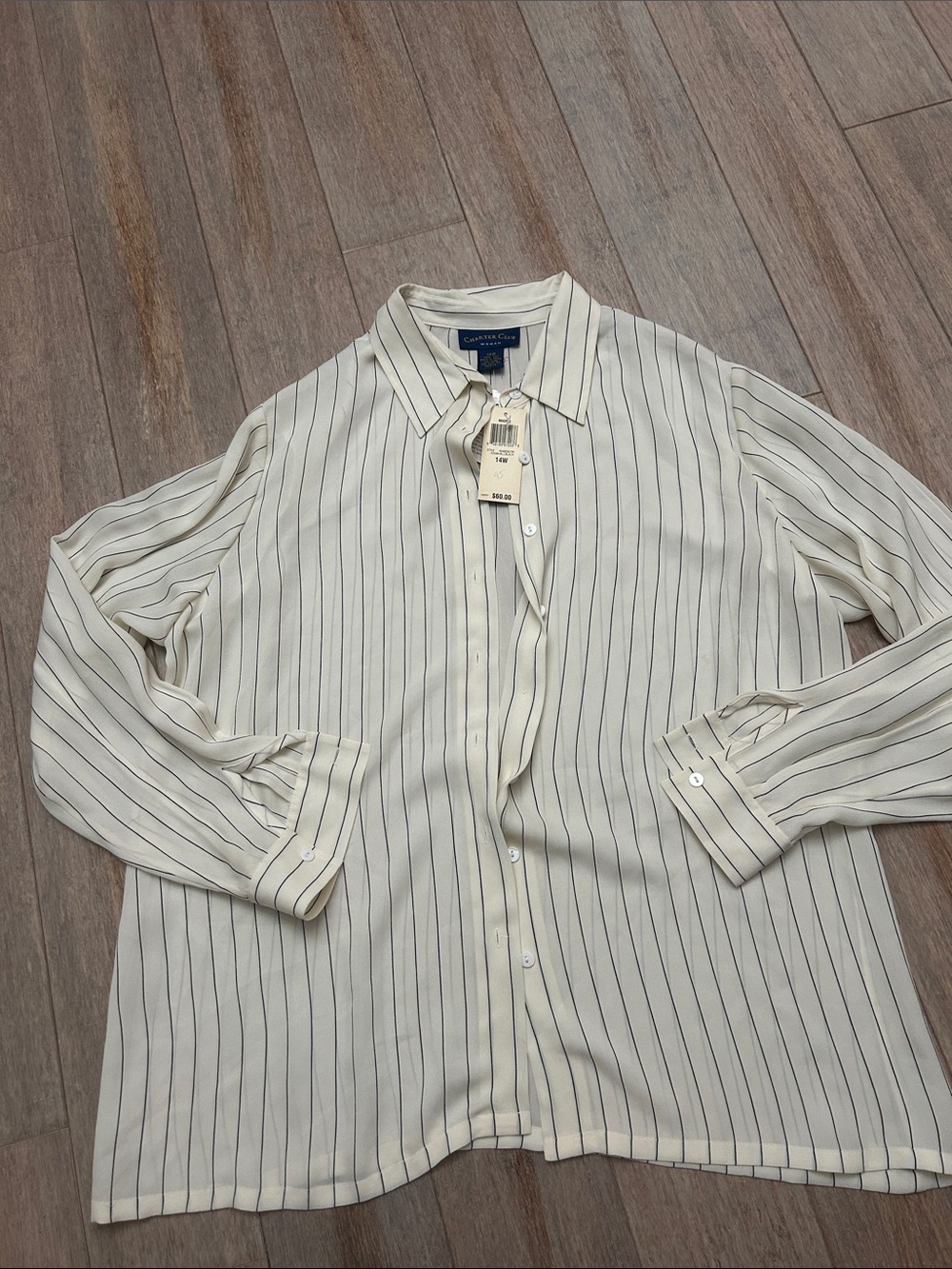 Charter Club Silk Cream Button-Down Shirt with black Pinstripes size 14 W - Picture 2 of 15